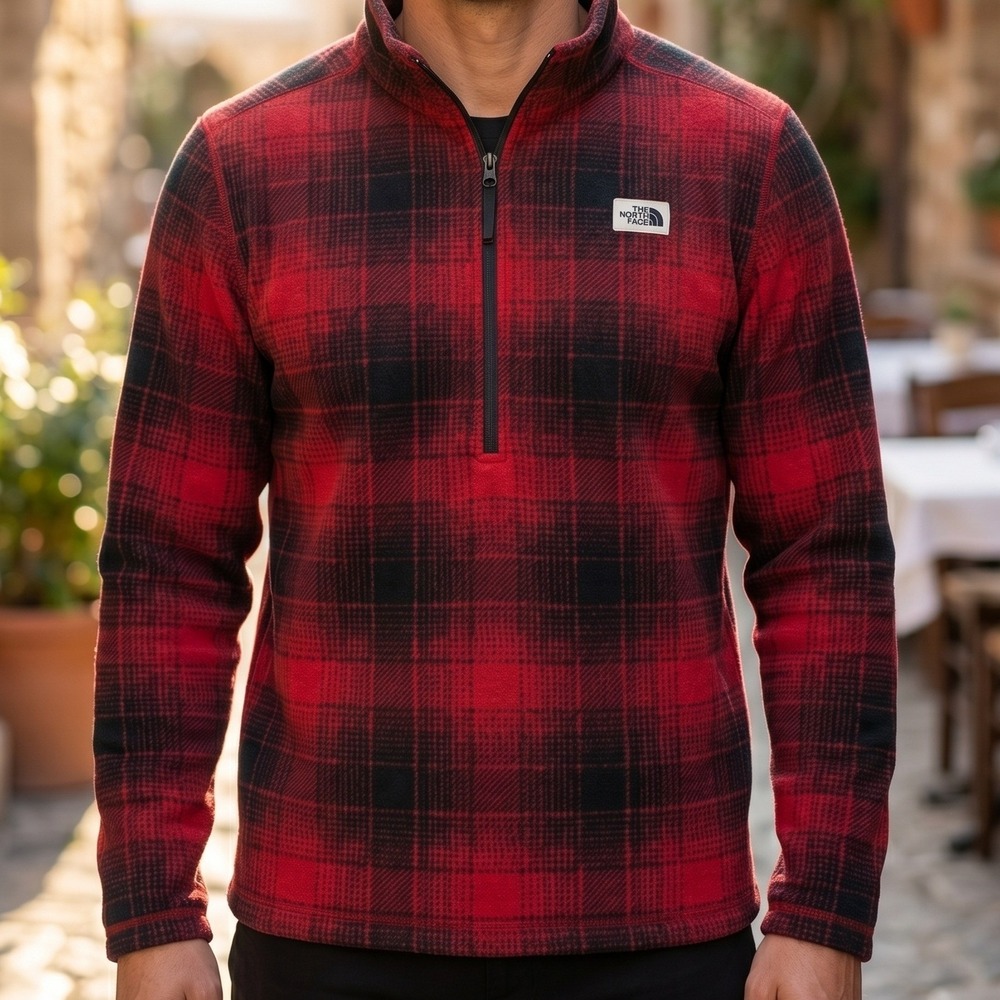 The North Face Mens Red Black Buffalo Plaid 1/4 Zip Sherpa Lined Fleece Pullover